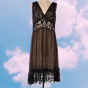 Hale Bob brand, brown and black floral lace slip dress 100% silk